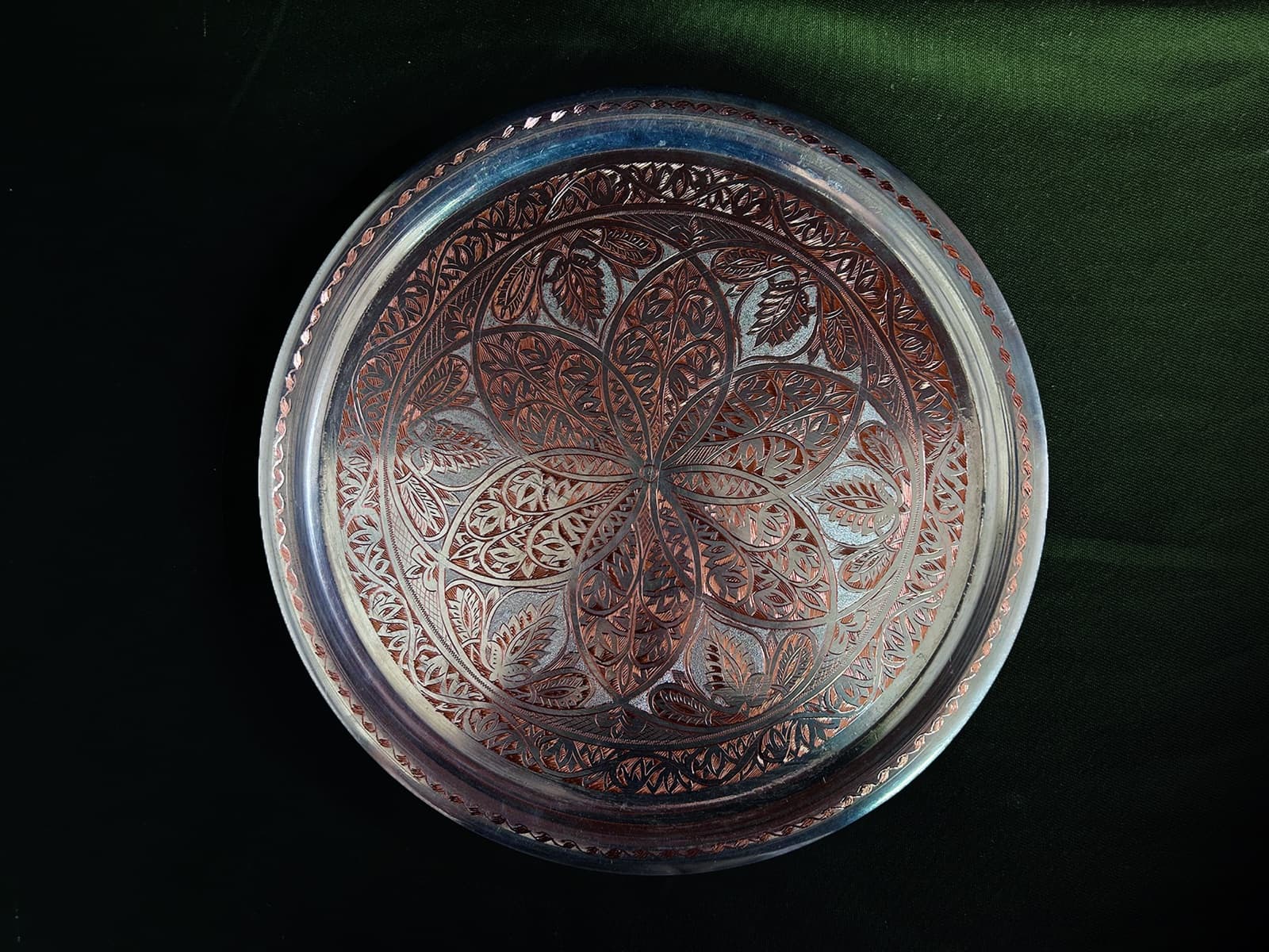 Deep Floral Engraved Copper Tray